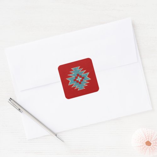 Southwest Mesas Red  Turquoise geometric pattern Square Sticker