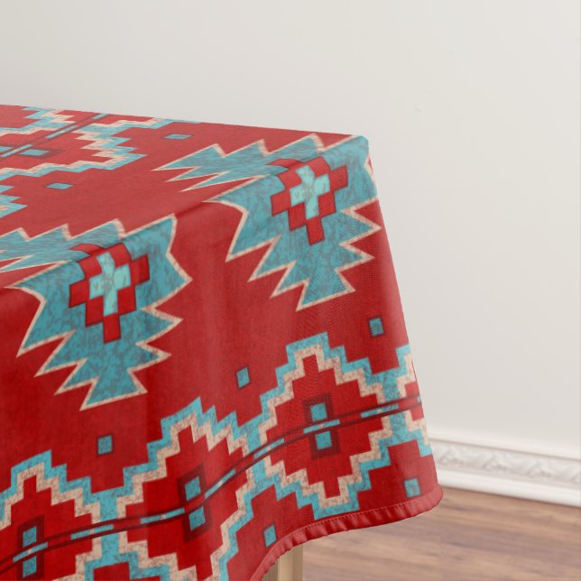 Southwest Mesas Red & Turquoise Geometric Pattern Tablecloth (In Situ)