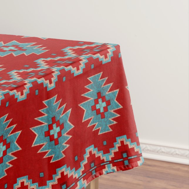 Southwest Mesas Red & Turquoise Geometric Small Tablecloth (In Situ)