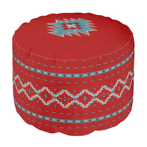 Southwest Mesas Red  Turquoise Round Pouf