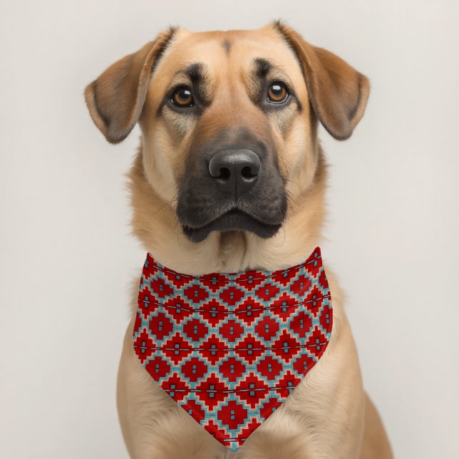 Southwest Mesas Turquoise and Red Geometric Design Pet Bandana Collar (Dog 2)