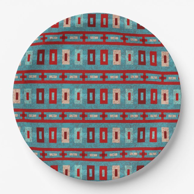 Southwest Mesas Turquoise & Red Geometric Design Paper Plates (Front)
