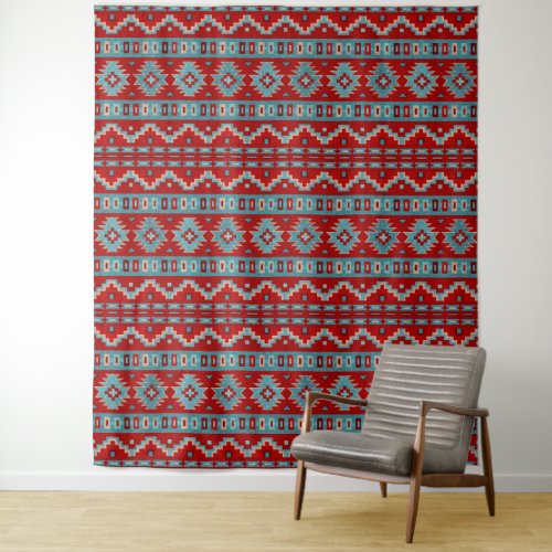 Southwest Mesas Turquoise  Red Geometric Design Tapestry