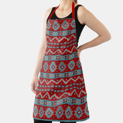 Southwest Mesas Turquoise  Red Geometric Pattern Apron