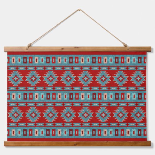 Southwest Mesas Turquoise  Red Geometric Pattern Hanging Tapestry