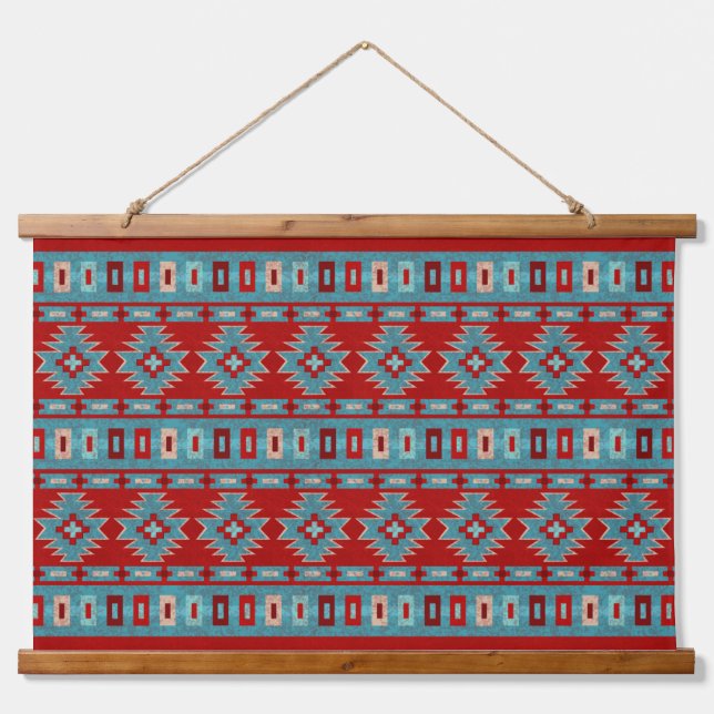 Southwest Mesas Turquoise & Red Geometric Pattern Hanging Tapestry (Front)