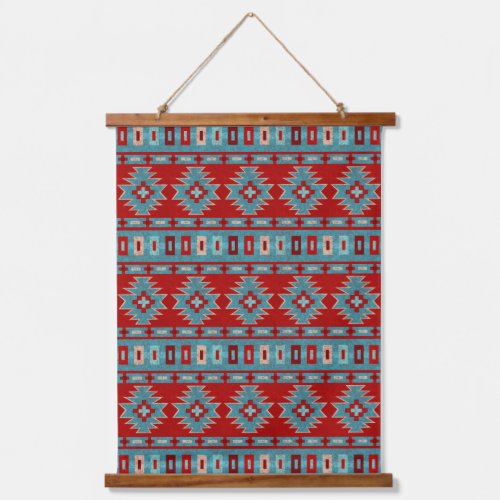 Southwest Mesas Turquoise  Red Geometric Pattern Hanging Tapestry