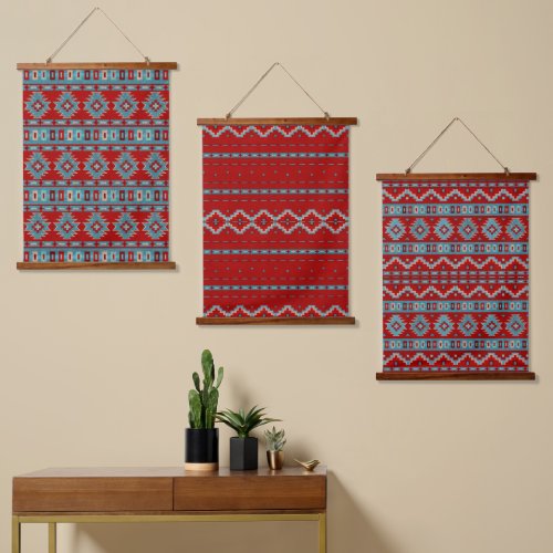 Southwest Mesas Turquoise  Red Geometric Pattern Hanging Tapestry