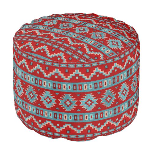 Southwest Mesas Turquoise  Red Geometric Pattern Pouf