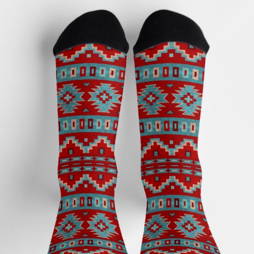 Southwest Mesas Turquoise  Red Geometric Pattern Socks