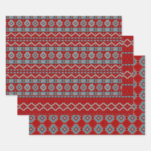 Southwest Mesas Turquoise  Red Geometric Pattern Wrapping Paper Sheets