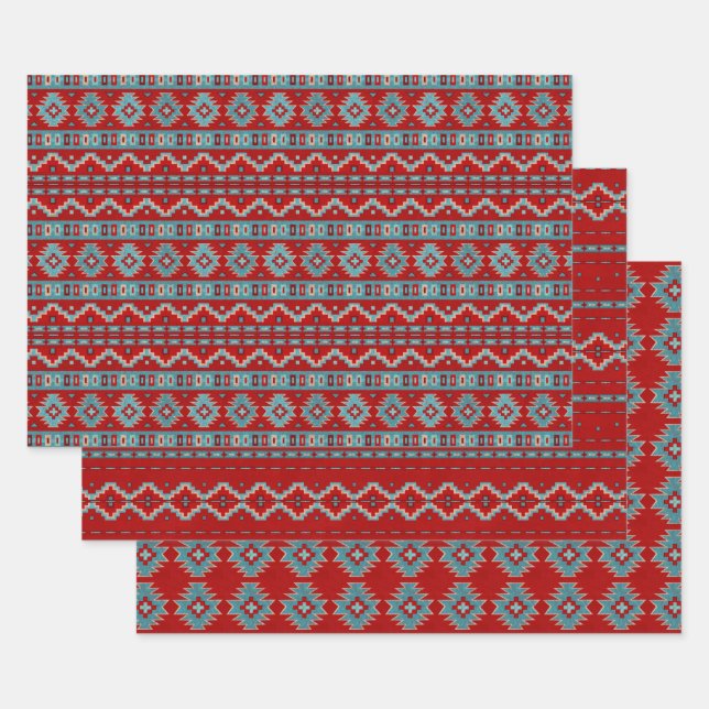 Southwest Mesas Turquoise & Red Geometric Pattern Wrapping Paper Sheets (Set)