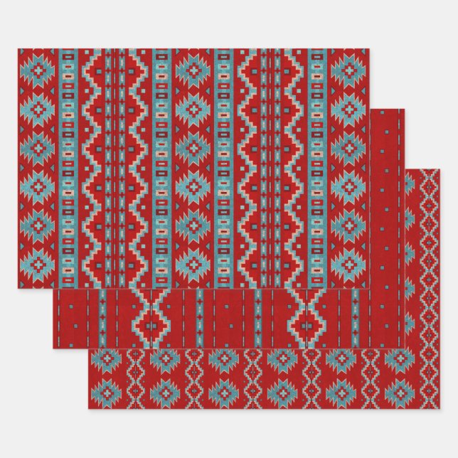 Southwest Mesas Turquoise & Red Geometric Patterns Wrapping Paper Sheets (Set)
