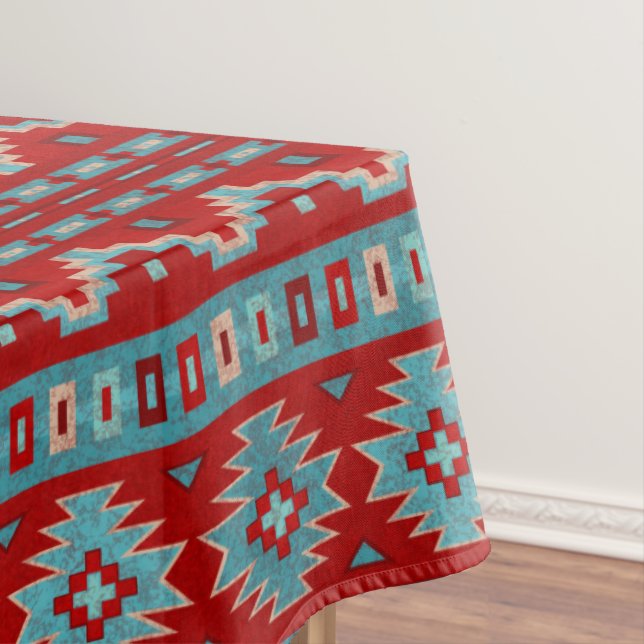Southwest Mesas Turquoise & Red Large Tablecloth (In Situ)