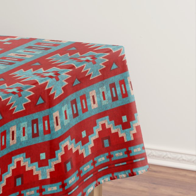 Southwest Mesas Turquoise & Red Medium Tablecloth (In Situ)