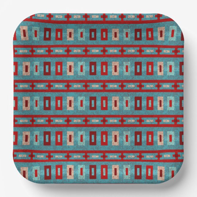 Southwest Mesas Turquoise & Red Retro Vibe Pattern Paper Plates (Front)