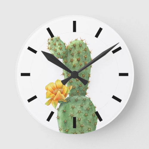 Southwest Modern Blooming Cactus Cacti Watercolor Round Clock