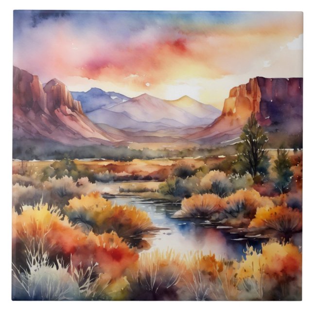 Southwest Mountain Desert Evening Watercolor Ceramic Tile (Front)
