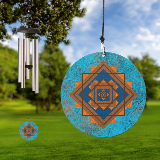 Southwest Mountain Peak Turquoise Geometric Design Wind Chime (Outdoor)