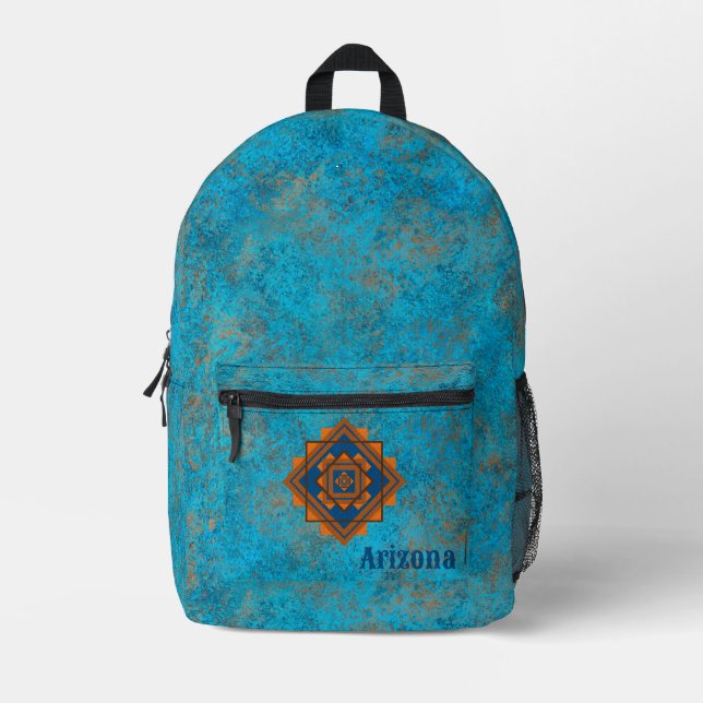 Southwest Mountain Peaks Personalized Turquoise  Printed Backpack (Front)