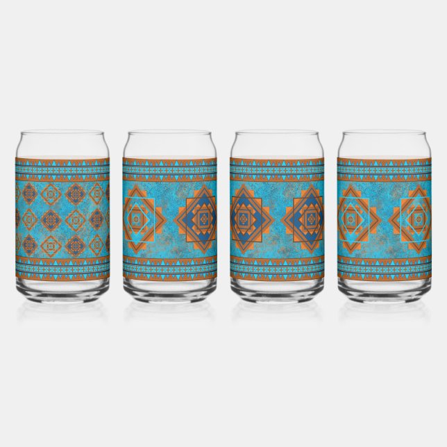 Southwest Mountain Peaks Turquoise Assorted Set Can Glass (Front)