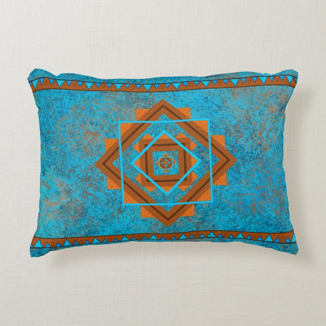 Southwest Mountain Peaks Turquoise Geometric Accent Pillow (Front)