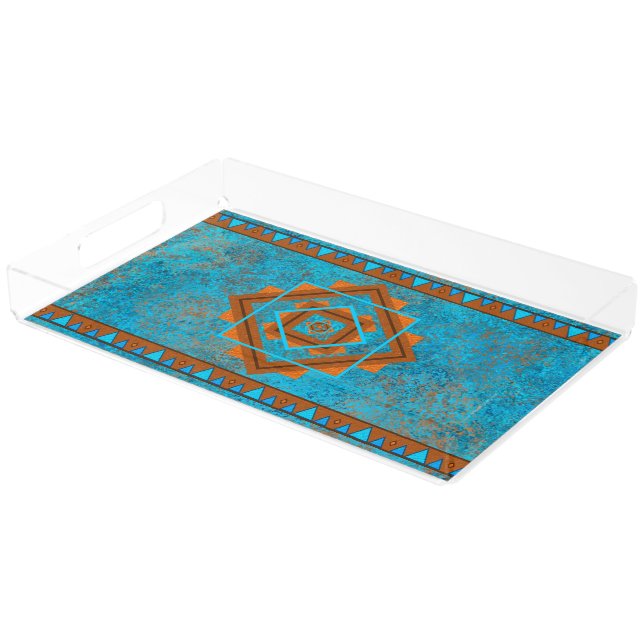 Southwest Mountain Peaks Turquoise Geometric Acrylic Tray (Angled)
