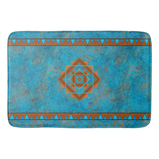 Southwest Mountain Peaks Turquoise Geometric Bath Mat (Front)