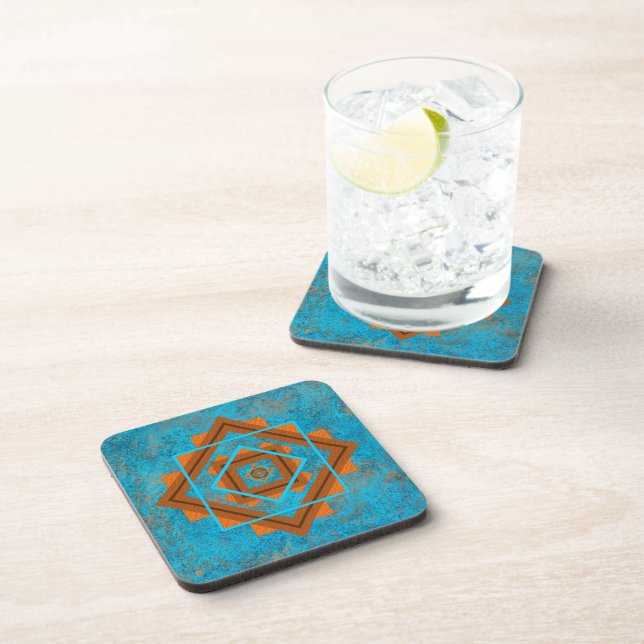 Southwest Mountain Peaks Turquoise Geometric Beverage Coaster (Right Side)