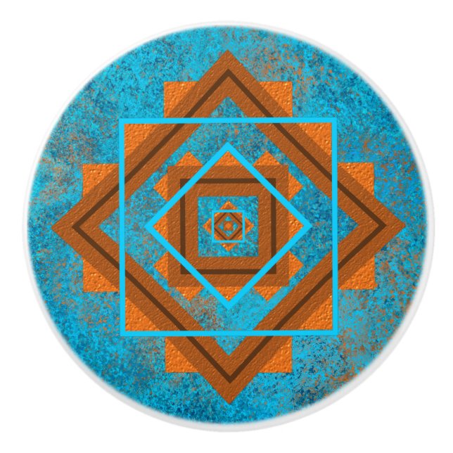 Southwest Mountain Peaks Turquoise Geometric Ceramic Knob (Front)