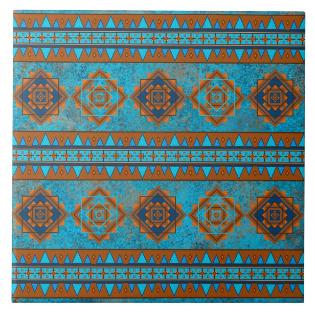 Southwest Mountain Peaks Turquoise Geometric Ceramic Tile (Front)