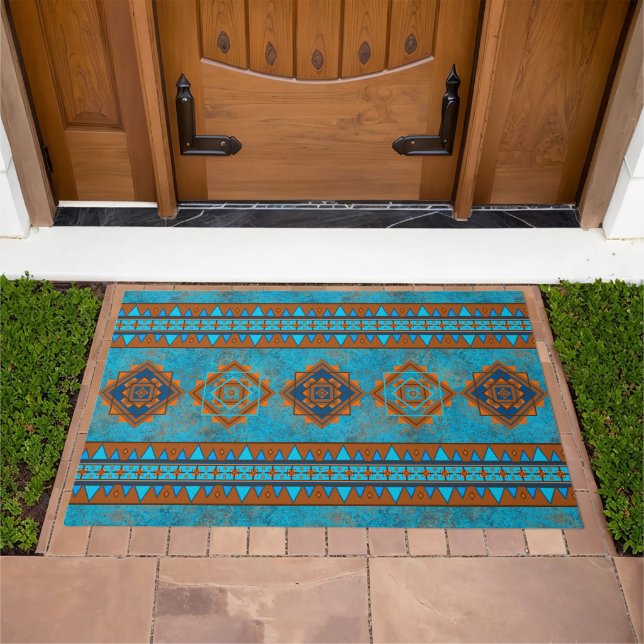 Southwest Mountain Peaks Turquoise Geometric  Doormat (Outdoor)