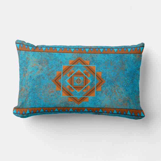 Southwest Mountain Peaks Turquoise Geometric Lumbar Pillow (Front)