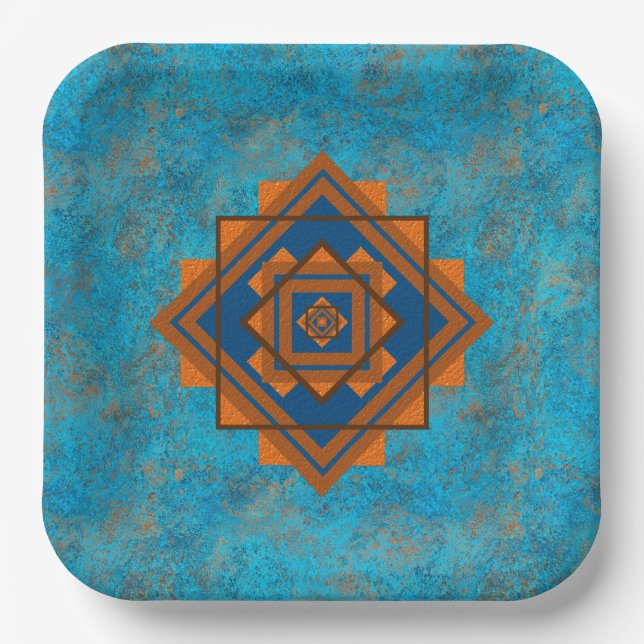 Southwest Mountain Peaks Turquoise Geometric  Paper Plates (Front)