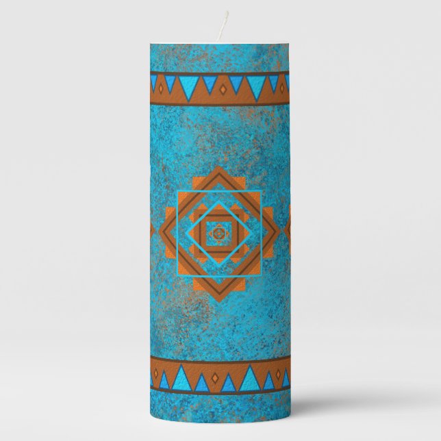 Southwest Mountain Peaks Turquoise Geometric Pillar Candle (Front)
