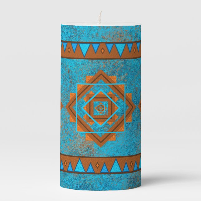 Southwest Mountain Peaks Turquoise Geometric Pillar Candle (Front)