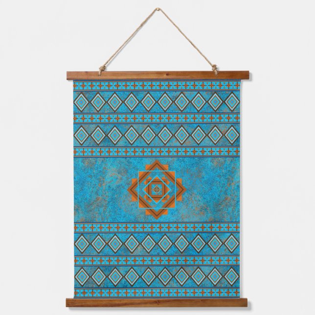 Southwest Mountain Peaks Turquoise Geometric Print Hanging Tapestry (Front)
