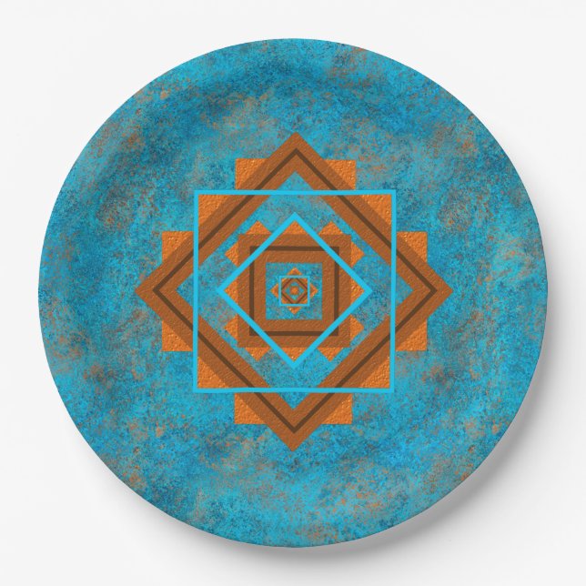 Southwest Mountain Peaks Turquoise Geometric Print Paper Plates (Front)