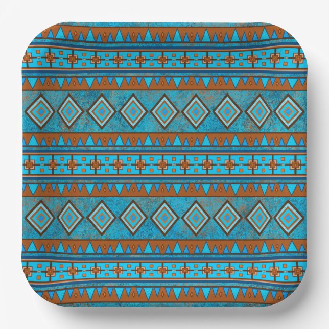 Southwest Mountain Peaks Turquoise Geometric Print Paper Plates (Front)