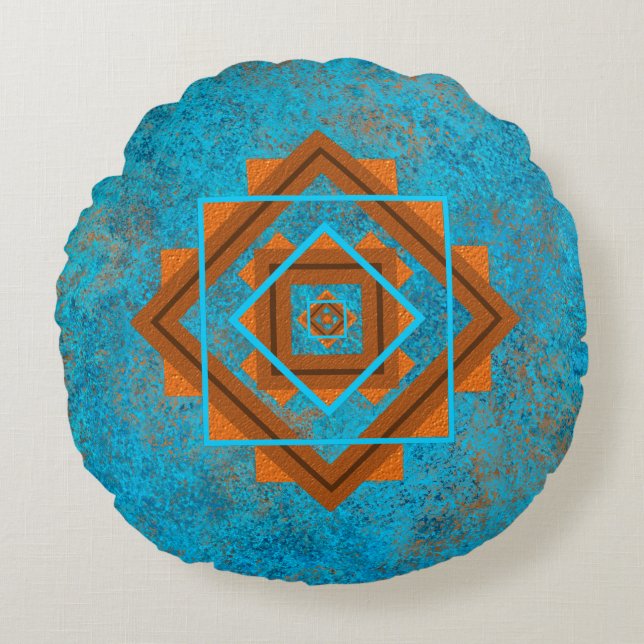 Southwest Mountain Peaks Turquoise Geometric Round Pillow (Front)
