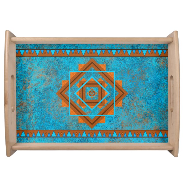 Southwest Mountain Peaks Turquoise Geometric Serving Tray (Front)
