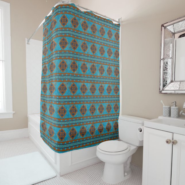 Southwest Mountain Peaks Turquoise Geometric Shower Curtain (In Situ)