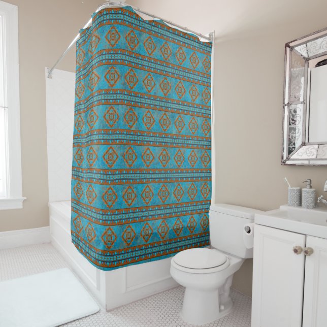 Southwest Mountain Peaks Turquoise Geometric Shower Curtain (In Situ)