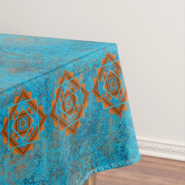 Southwest Mountain Peaks Turquoise Geometric Small Tablecloth (In Situ)