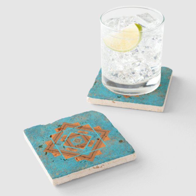 Southwest Mountain Peaks Turquoise Geometric Stone Coaster (Side)