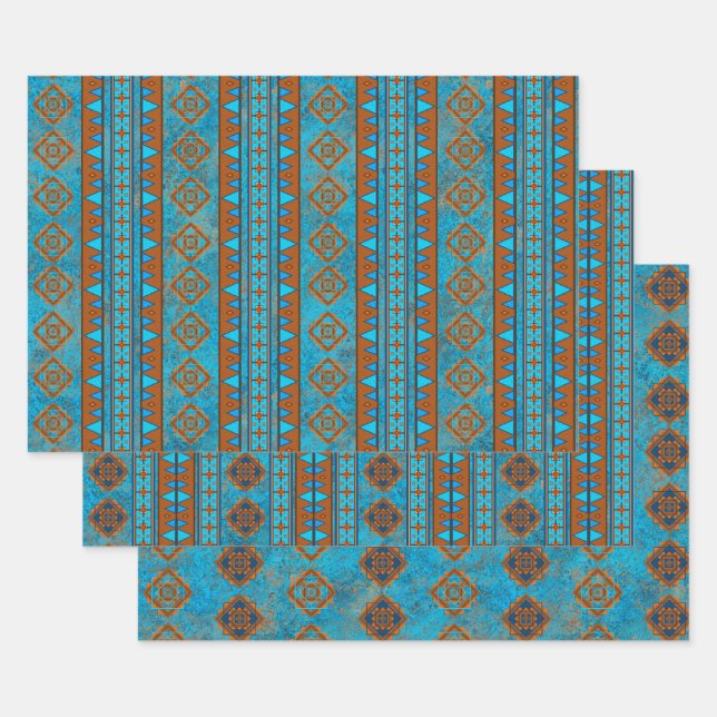 Southwest Mountain Peaks Turquoise Geometric Wrapping Paper Sheets (Set)