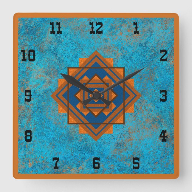 Southwest Mountain Peaks Turquoise Western Style S Square Wall Clock (Front)