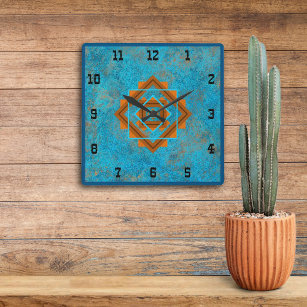 Southwest Mountain Peaks Turquoise Western Style S Square Wall Clock