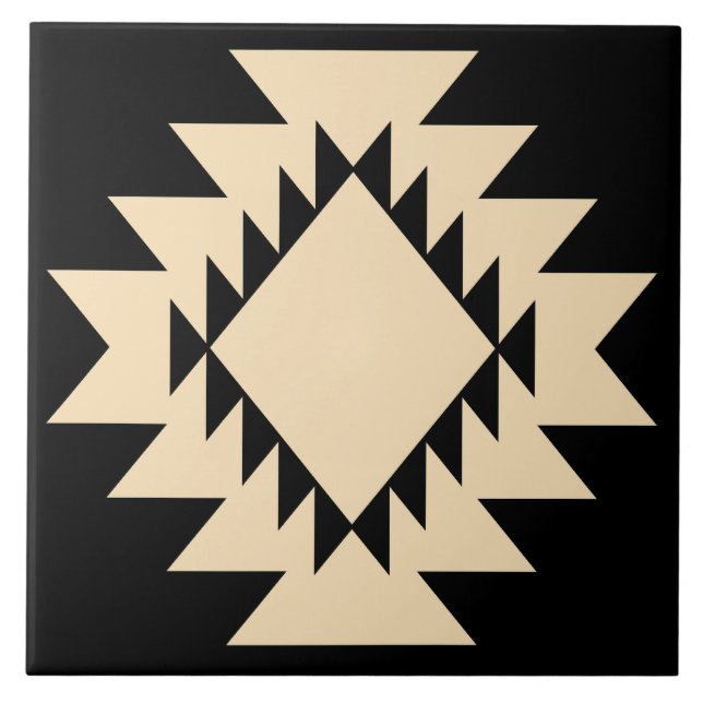 Southwest Native American Geometric Black and Tan Ceramic Tile (Front)