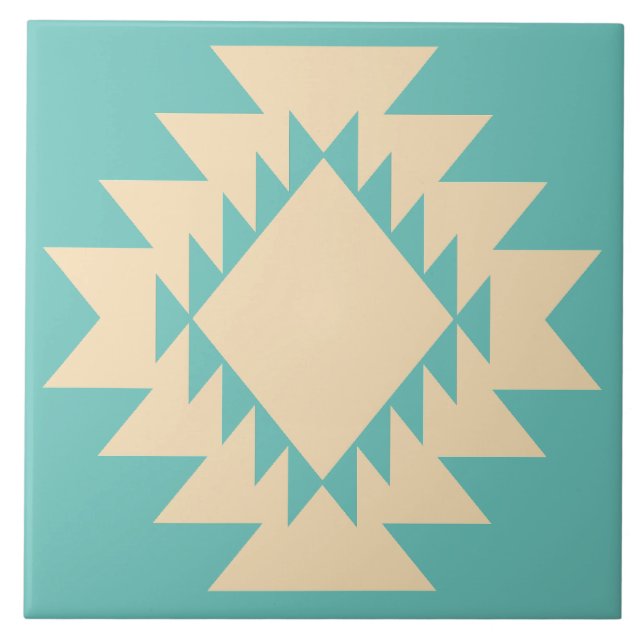 Southwest Native American Geometric Turquoise Tan Ceramic Tile (Front)